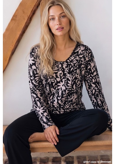 Siyah İnci Desenli Düğmeli Dantelli Viskon Örme Pijama Takım 26224678 Çok Renkli