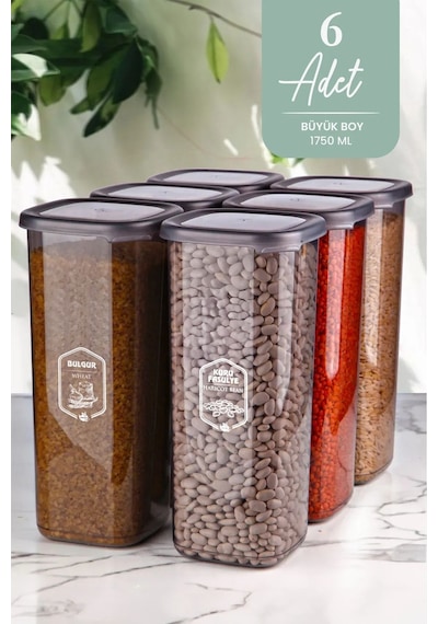 Kitchen Life 6'lı Jumbo Boy Etiketli Dikdörtgen Erzak Saklama Kabı Seti 1750ml Çay Şeker Saklama kabı 1,75 Litre