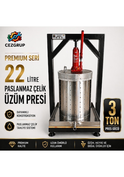 Çezgrup Premium 22 Litre Paslanmaz Çelik Üzüm Sıkma Presi 3 Ton Krikolu 304 Çelik Sepetli Gümüş