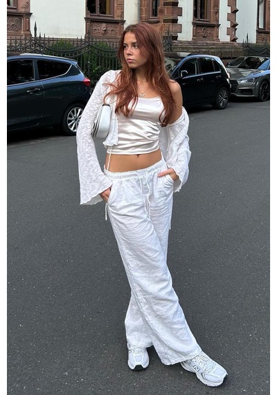 Madmext Beyaz Beli Büzgülü Wide Leg Kumaş Pantolon Mg1950-beyaz Beyaz