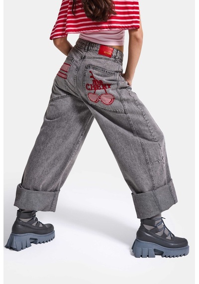 Kadın Füme 4w6-13 Mega Baggy Tt18 Chery Nakış Özel Tasarım Denim Jean