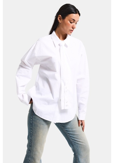 Itsbasic Kadın Beyaz Oversize Kravat Detaylı Özel Tasarım Bol Kesim Gömlek