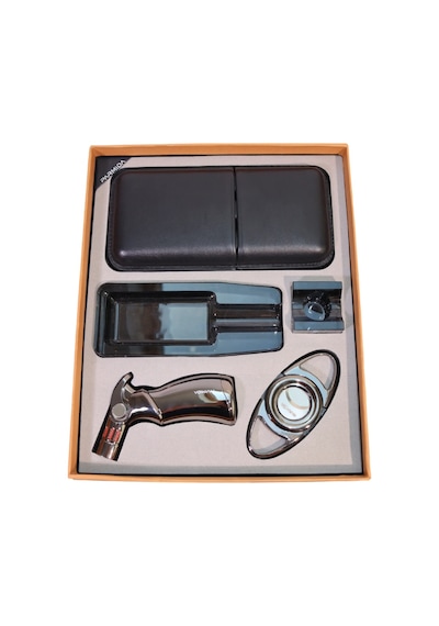Parmida 4 Torch Pürmüz Çakmak Kılıf Küllük Kesici Sehpa Gümüş Siyah Beşli Puro Seti Tr10024
