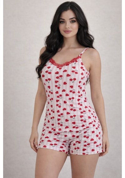 Kadın 20663 İp Askılı Şortlu % 100 Pamuk Pijama Takımı Pembe