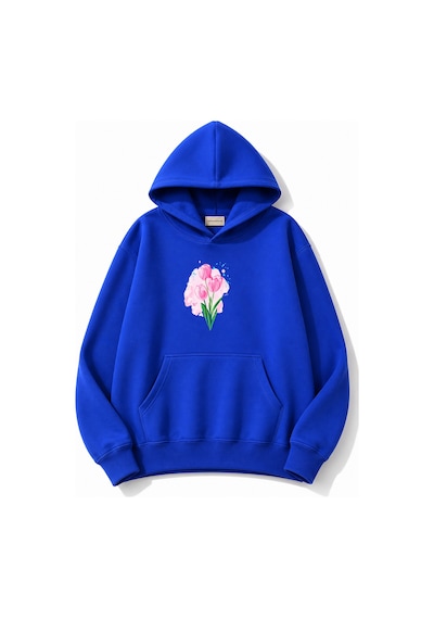 Herkesemoda Lale Baskılı Kapüşonlu 2 İplik Şardonlu Sweatshirt Mavi