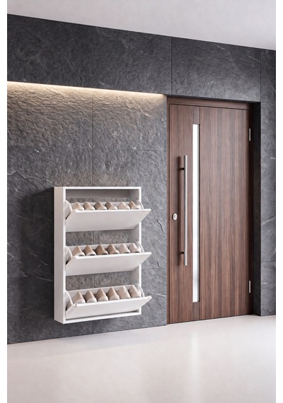 3 Kapaklı Duvara Monte Düşer Kapak Ayakkabılık Y:11 D:24 G:70 / Beyaz