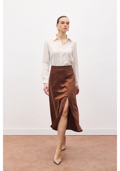 Sateen Yırtmaçlı Saten Etek - Kahve-136723 Kahve