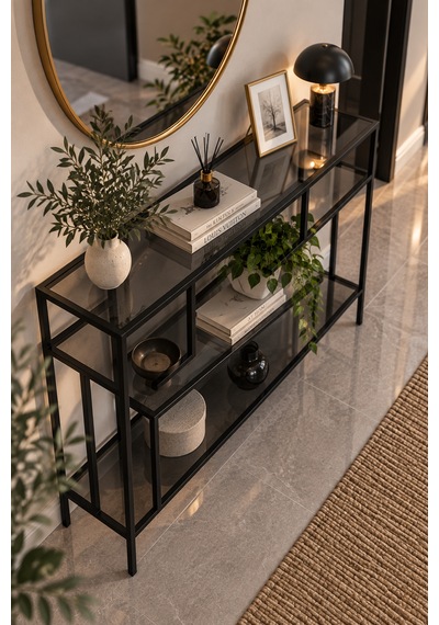 Teknor Siyah Çerçeveli Füme Camlı Modern Salon Konsolu Dresuar
