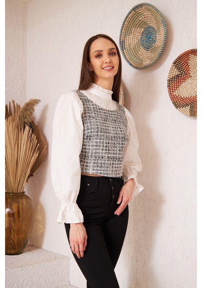 Darlin Moda Gri Tüvit Detaylı Uzun Kollu Bluz Dm9000 Gri