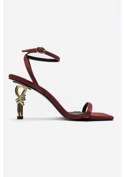 Luvishoes Sone Bordo Saten Gold Topuklu İnce Bantlı Kadın Topuklu Ayakkabı