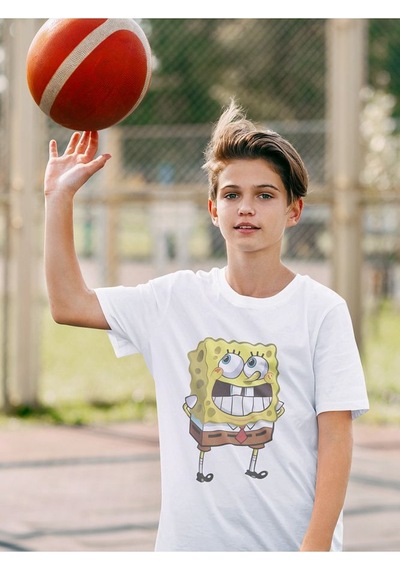 Sevbano Utangaç Süngerbob Baskılı Unisex Çizgi Film Çocuk Tişört 1-12 Ya Beyaz