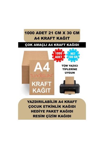 1000 Adet A4 Kraft Kağıt 21x30 100 Gr. Yazıcı Uyumlu, Vintage Resim Kağıdı, Çocuk Etkinlik Kağıdı