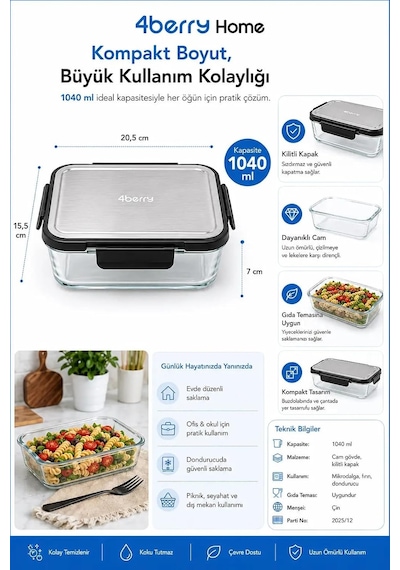 Home 1040 Ml Cam Saklama Kabı, Kilitli Kapaklı, Fırın Ve Mikrodalga Uyumlu, Buzdolabı Ve Dondurucuya Uygun, Gıda T Diğer