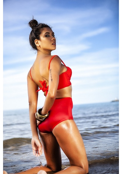Zi Kırmızı Yüksek Bel Bikini Alt Üst Takım