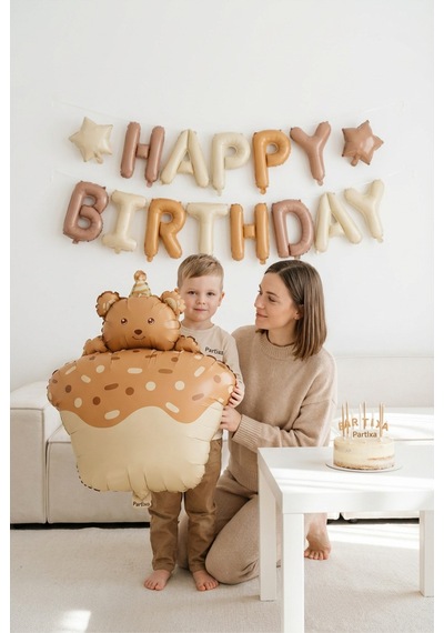 Ayıcık Figürlü Kahverengi Retro Cupcake Folyo Balon Baby Shower Doğum Günü Parti Süsü Çok Renkli