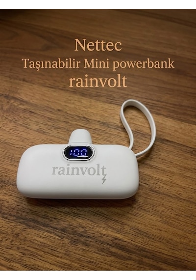 Rainvolt Mini Kapsül Powerbank Led Dijital Göstergeli & Dahili Kablolu Taşınabilir Şarj Cihazı Beyaz