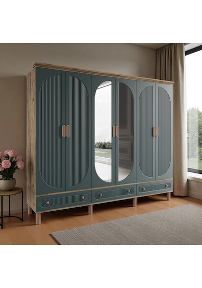 Comiet Sally 6 Kapaklı Aynalı Çekmeceli Mdf Gardırop Yeşil