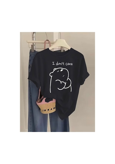 Herkesemoda I Don Care Ayıcık Baskı Detaylı Basic T-shirt Siyah
