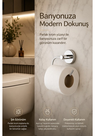 Alper Banyo Ceria Krom Eko Kapaksız Tuvalet Kağıdı Askısı Tuvalet Kağıtlığı Ister Yapıştır Ister Montajla
