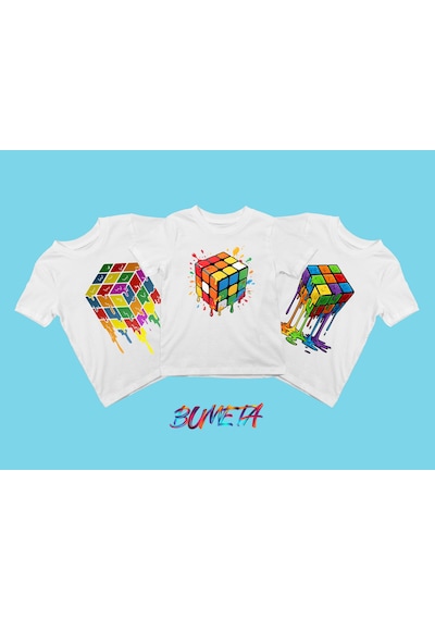 Bumeta Rubik Küp Baskılı Çocuk Tişört 3 Lü Set Beyaz