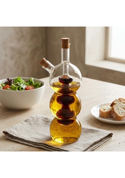 Borosilikat Cam Yağlık Ve Sirkelik 320 Ml, Çift Hazneli 2 Si 1 Arada Şişe, Mantar Tıpalı Şeffaf Boğumlu Model, Yağ Ve Sirkeyi Ayrı Saklama Çok Renkli