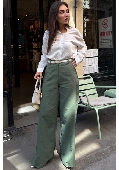 Madmext Haki Yüksek Bel Keten Wide Leg Pantolon Mg2718