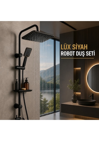 Lüx Siyah Tepe Yağmurlama Robot Duş Seti Siyah Lavabo Bataryası 2'li Avantaj Set Modern Tasarım Set