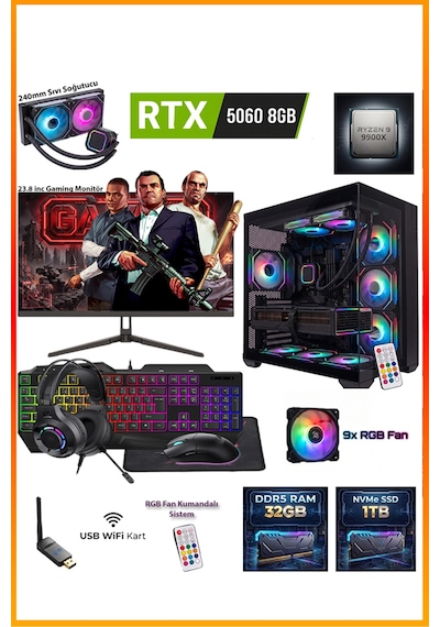 Comloji CMLJ66 R9-9900X 32 GB 1 TB SSD RTX5060 23.8" Free Dos Masaüstü Oyuncu Bilgisayarı