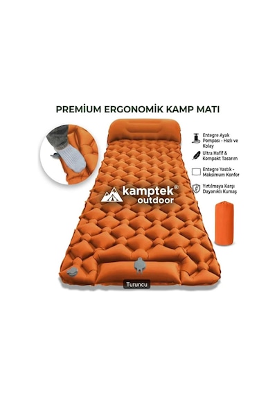 Kamptek Outdoor Premium Ergonomik Şişme Kamp Matı Entegre Ayak Pompalı, Yastıklı Ve Ultra Hafif Uyku Pedi Turuncu