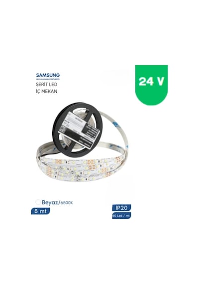 24 Volt 2835 Samsung 60 Led 6500 K Beyaz İç Mekan 5 Metre Şerit Led