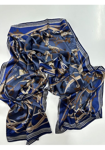 Miorel Scarfs Yeni Sezon Lv Kemer Desen Vual İpek Şal Yeni Sezon Silk Scarfs Shawl Hijab Fular Lacivert
