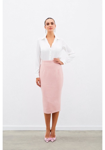 Sateen Midi Boy Tüvit Etek - Pudra-135029 Pudra