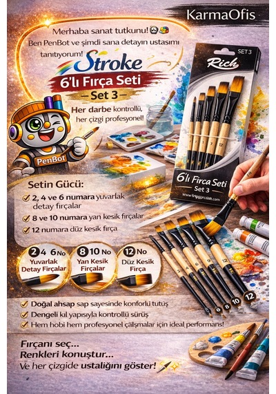 6 Lı Stroke Fırça Seti Set 3 Yan Kesik,düz Kesik,detay Fırçası Akrilik&guaj Uyumlu Profesyonel Set