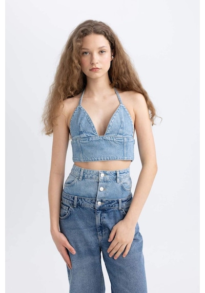 Defacto Afra x DeFacto Boyundan Bağlamalı Crop Jean Bluz C5862AX24SPNM28 Mavi