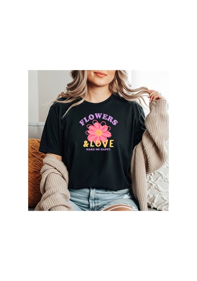 Herkesemoda Flowers Love Baskı Detaylı Basic T-shirt Siyah