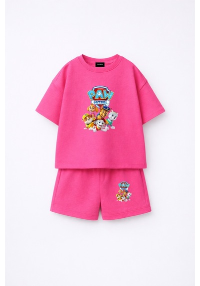 Fasardi Paw Patrol Baskılı Oversize %100 Pamuk Tişört Şort Çocuk 2li Takım Fuşya