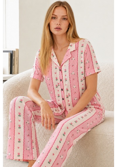 Kadın Kısa Kol Comfort Pembe Pijama Takımı 4738