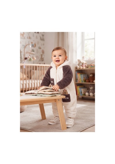 Chicsy Baby Tatlı Ayıcık Nakışlı Bebek Welsoft Tulum Kapüşonlu Kulaklı Fermuarlı Cepli Kışlık Peluş Tulum Kahverengi