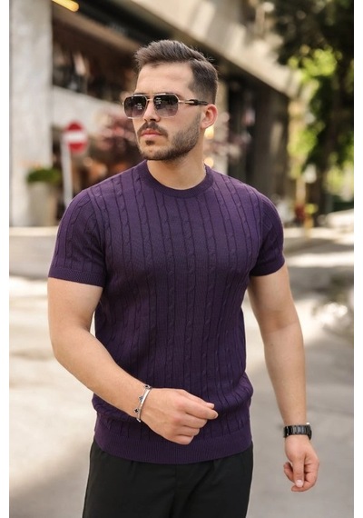 Valensdesign Erkek Örgü Desen Bisiklet Yaka Triko Tişört - %100 Pamuk Akrilik A. Mor