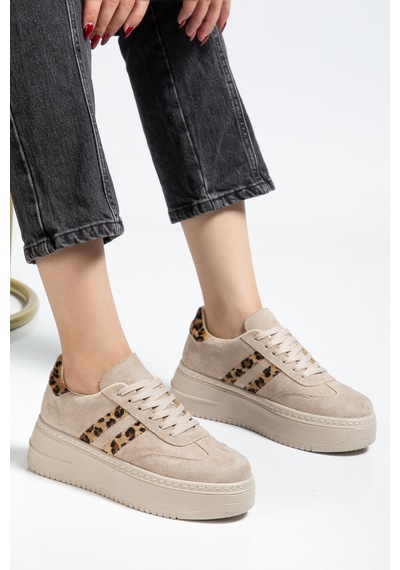 Bahrina Kadın Kalın Tabanlı Sneaker Bej Süet Leopar
