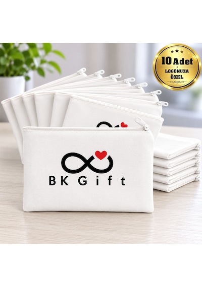 Bk Kurumsal Logonuza Özel 10 Adet 19x12 Cm Fermuarlı Kumaş El Cüzdanı Kurumsal Baskılı Promosyon Beyaz