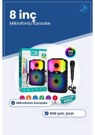 Bluetooth Hoparlör 8 İnç Mikrofonlu Karaoke Şarjlı Rgb Işıklı Kab