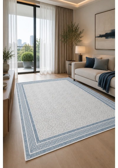 Modern Çerçeveli Baskılı Kaymaz Yıkanabilir Salon Oturma Odası Mutfak Balkon Halısı Yolluk Mavi
