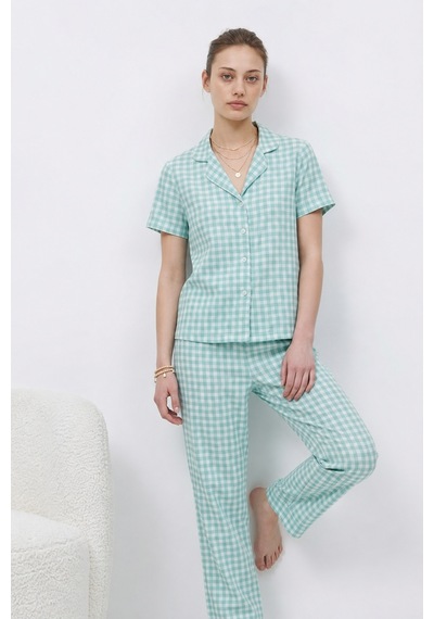 V Yaka Kapama Lastik Bel Su Yeşili Pijama Takımı