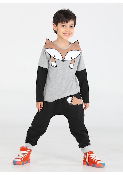 Casabony Tilki Baggy Erkek Çocuk Pantolon + T-shirt Takım-gri - Siyah