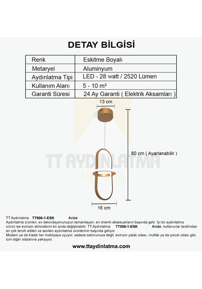 Tt006-1-Esk Tt Aydınlatma Minyon Modeli Tekli Eskitme Led Avize
