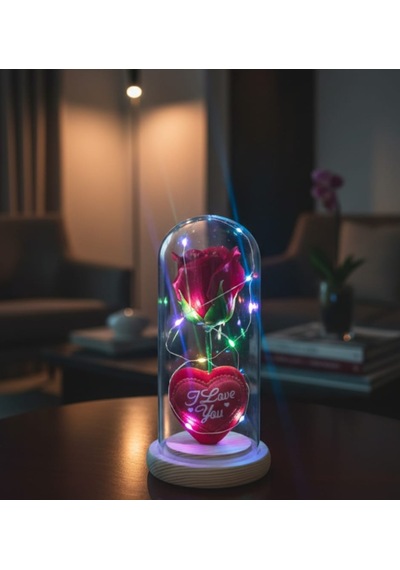Işıklı Kalpli Güllü Özel Cam Fanus Seni Seviyorum Yazılı Ledli 17 Cm Kırmızı