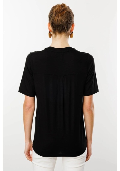 Desen Triko Kadın Yakası Düğmeli Penye T-shirt 25764 Siyah Siyah