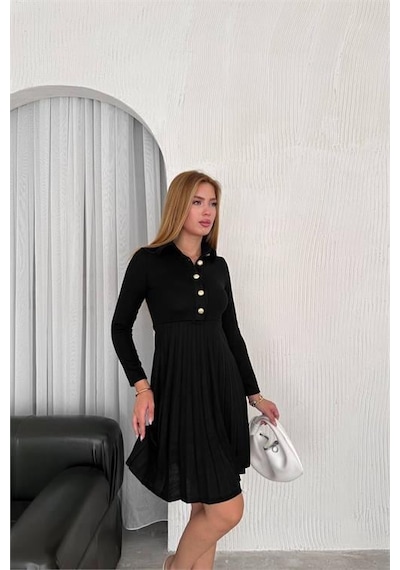 Dip Moda Kadın Triko Düğme Detaylı Pileli Mini Elbise Dpnbk2166 Siyah Dip Moda Kadın Triko Düğme Detaylı Pileli Mini Elbise Dpnbk2166 Siyah