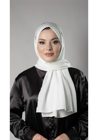 Hürrem Bone Beyaz Pratik Hazır Geçmeli Tesettür Şal Örme Kumaş Taşlı Yıldız Desenli 2118y 42